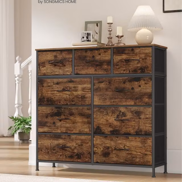 SONGMICS 9-Drawer Freestanding Chest of Drawers in Black and Brown Rustic Metal and Fabric