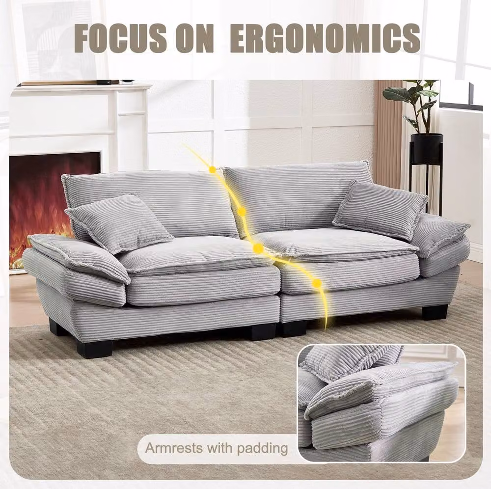 STILVORA 2 Seater Modern Corduroy Upholstered Sofa in Grey with Scatter Cushions, W/D/H: 224 x 81 x 100 cm – 3