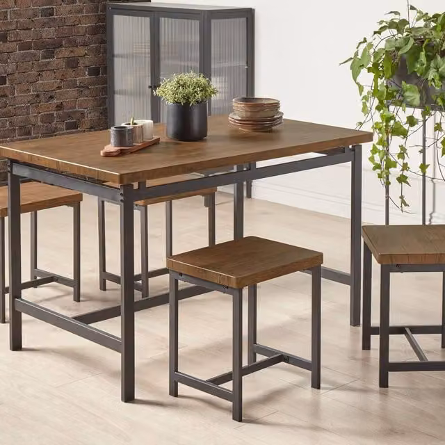 Wyld and Coco Industrial 4-Seater Rectangular Dining Set in Black with Wood and Metal Finish, W/D/H: 120 x 75 x 75 cm