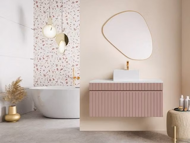 Vente-unique Striped Pink and White Suspended Bathroom Furniture with Countertop Basin – 1