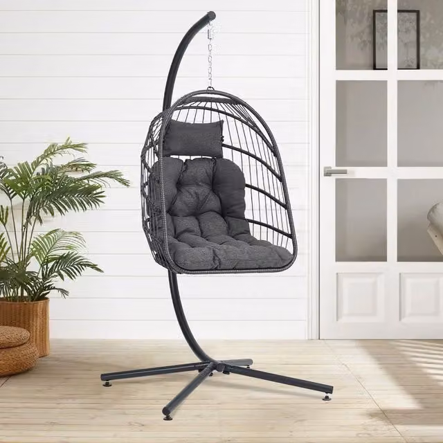 Livingandhome Rattan Garden Hanging Swing Egg Chair with Headrest Cushion in Grey