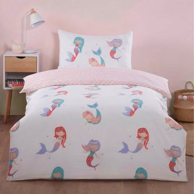 Rapport Home Little Mermaids Microfibre Duvet Set and Pillowcase, Multicolour/Pink, W/D/H: 135 x 200 cm and 50 x 75 cm