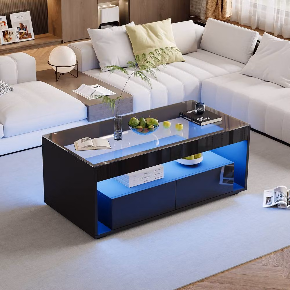 ModernLuxe High Gloss Rectangular Coffee Table with Glass Top and 2 Drawers in Black – 4