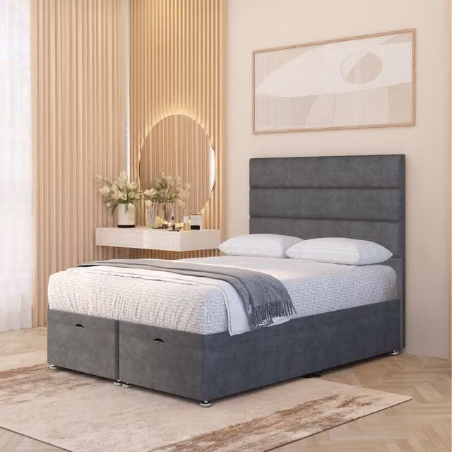 Somnior Beds Ltd Horizona Double Storage Ottoman Bed with Floor Standing Headboard in Silver Grey Velvet