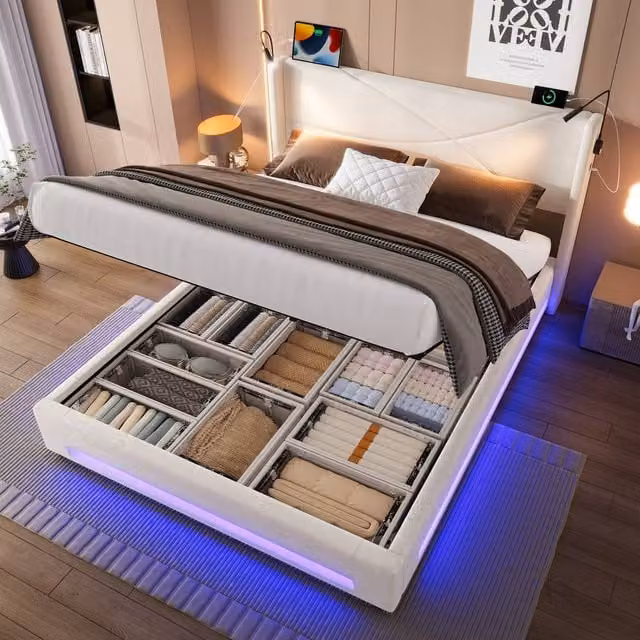 Matteo Modern Double Velvet Bed Frame with Hydraulic Storage, LED Lighting and USB Charging in Beige, W/D/H: 135 x 190 x 106 cm