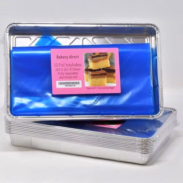 Bakery Direct Ltd Silver Rectangular Uncoated Aluminium Foil Tray Bake Containers with Free Disposable Piping Bag, Pack of 50