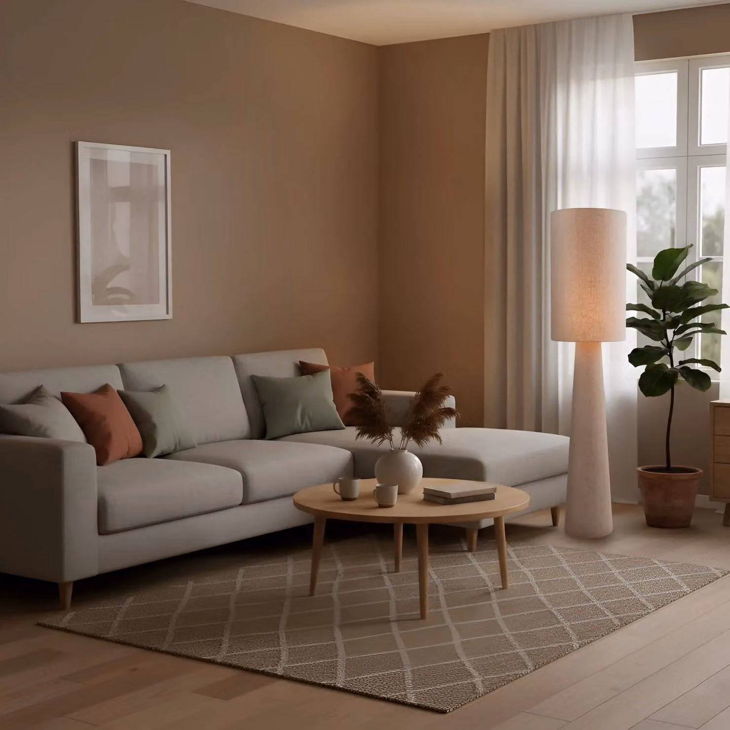 Happy Homewares Modern Beige Fabric Floor Lamp with Cylinder Shade and E27 Base – 2