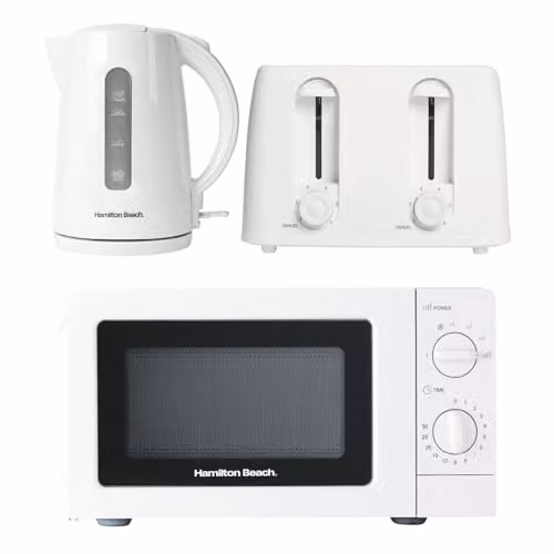 Hamilton Beach Essentials Kitchen Set in White, including 1.7L Kettle, 4-Slice Toaster and 20L Microwave with Stainless Steel Cavity – 2