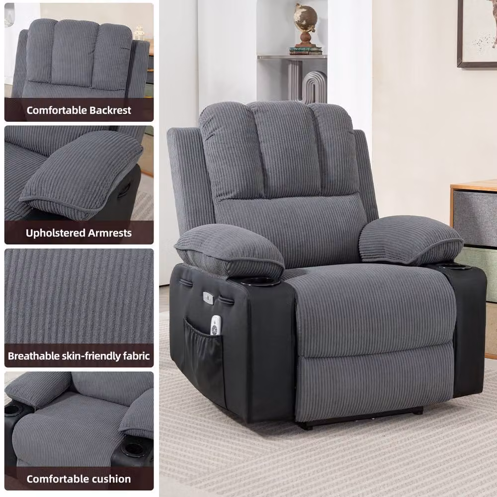 KEEPREAPER Comfortable Power Recliner Chair with 8-Point Massage, Heating and Cup Holder in Grey – 9