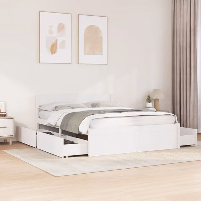 Berkfield Home White Solid Wood Pine Bed Frame with Drawers W/D/H: 140 x 200 cm