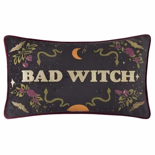 Riva Home Bad Witch Black Velvet Rectangular Polyester Filled Cushion W: 50 cm, H: 30 cm
