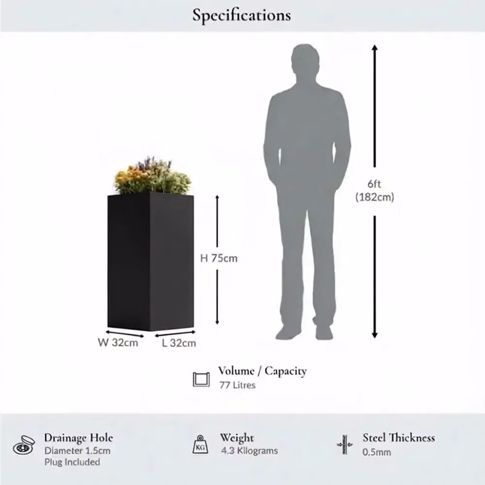 Access Garden Products Matte Black Tall Square Galvanised Steel Planter Tub, Height: 75 cm – 2