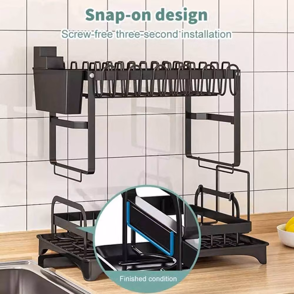 FLAVORA Black 2 Tier Metal Dish Drainer Rack with Drip Tray and Cutlery Holder – 2