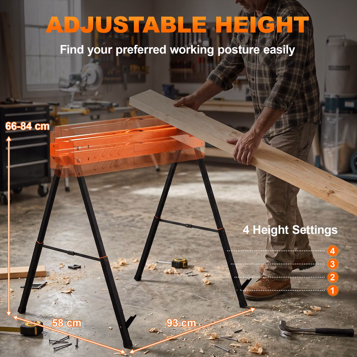 HOMCOM Twin Pack of Folding Orange Saw Horses with Height Adjustable Legs and 2x4 Bracket – 4