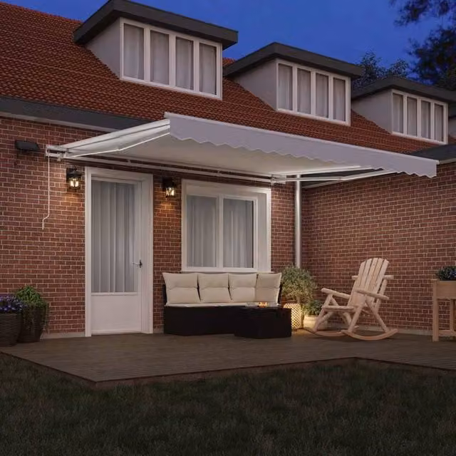 Berkfield Home Manual Retractable Folding Arm Awning with LED in White, W: 400 cm, D: 350 cm