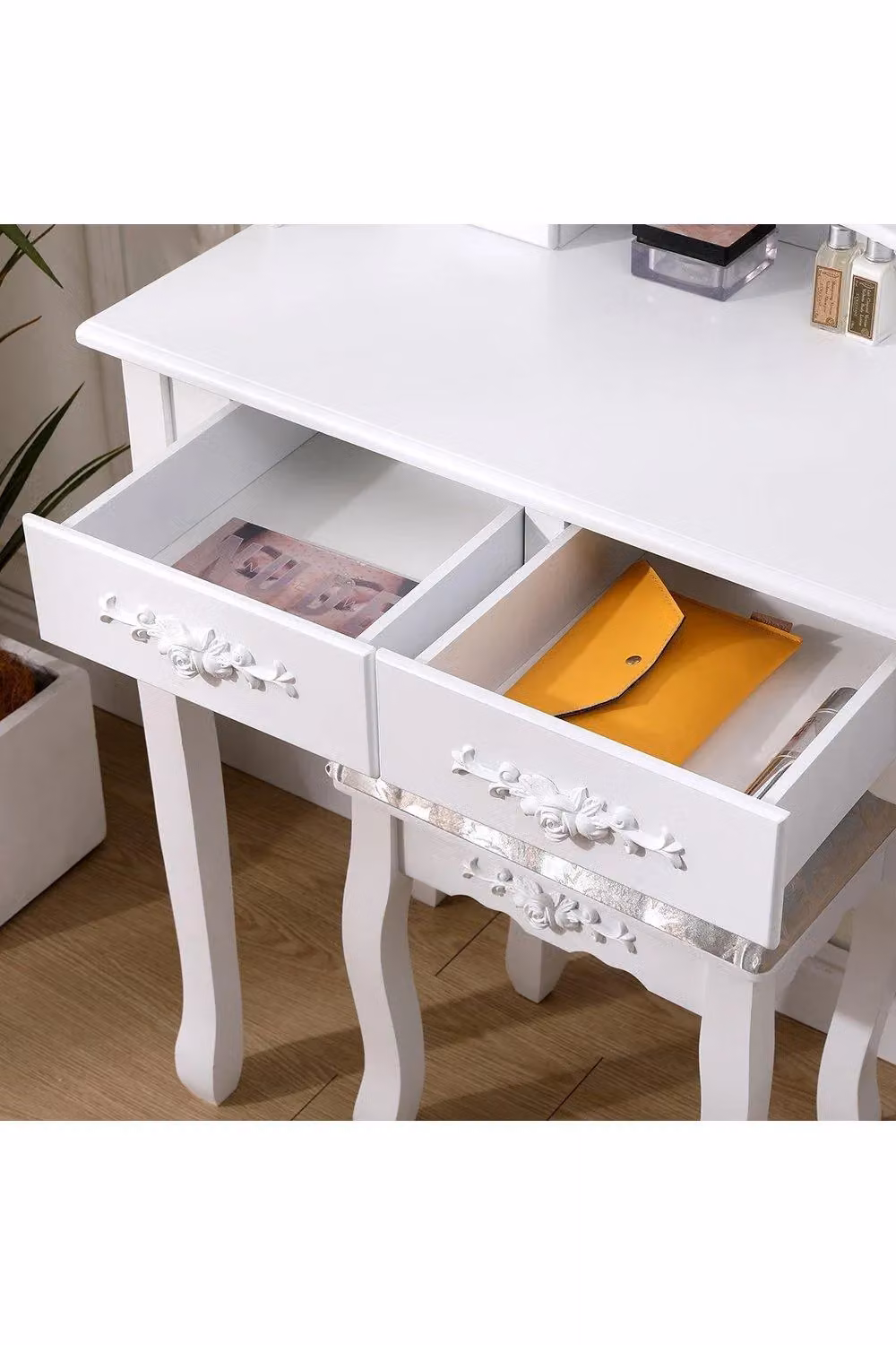 H&O Direct White Lacquered 4 Drawer Dressing Table with Mirror and Stool Set – 3
