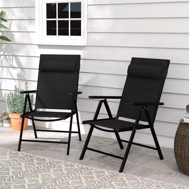 Outsunny Set of 2 Black Padded Folding Patio Chairs with Metal Frame