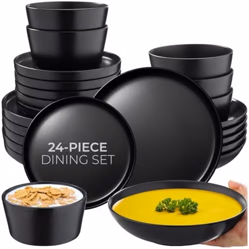 tectake 24-Piece Black Stoneware Dinnerware Set for 6 People – 1