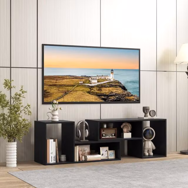 Costway 2 Piece Modern Black TV Media Console Table with Rotating Top and Storage Shelf