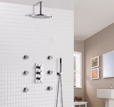 Nes Home Flora Round Concealed Thermostatic Mixer Shower Set with Body Jets, Overhead Shower and Handheld Shower in Silver