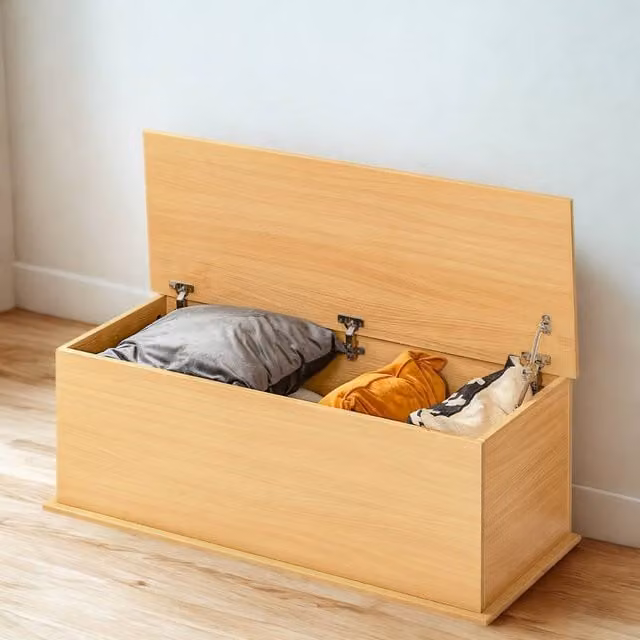 Pirlo Plush Large Wooden Storage Chest Trunk in Brown and Beige, W/D/H: 180 x 40 x 40 cm