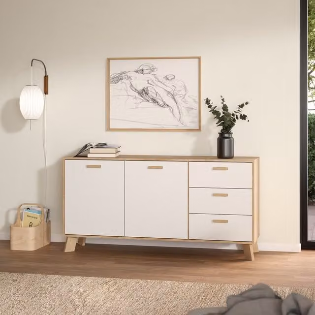 Furniture To Go Ikast Modern Sideboard with 2 Doors and 3 Drawers in Jackson Hickory and White