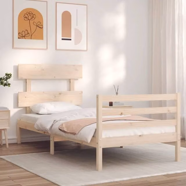 Berkfield Home Beautiful Bed Frame with Headboard in Light Brown Solid Pine Wood, W/D/H: 90 x 200 x 205.5 cm