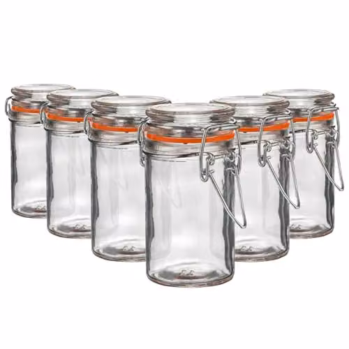Argon Tableware Glass Spice Jars with Airtight Metal Clip Lids, 70ml, Set of 6, Transparent with Orange Seals