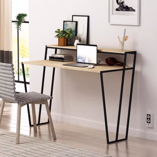 FWStyle Modern Computer Desk with Natural Oak Top and Black Metal Frame