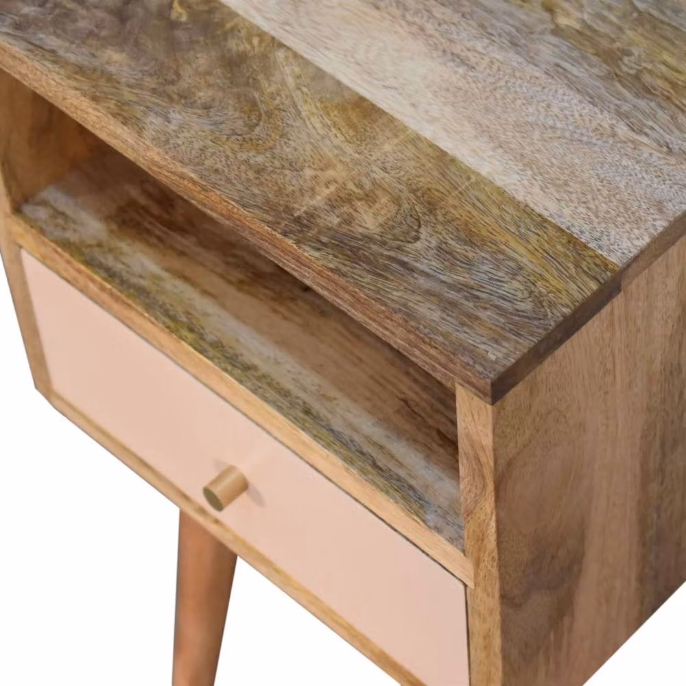 Wyld Haus Sainte Marie Mini Blush Bedside Table in Brown and Pink, Hand Painted Mango Wood with Drawer and Open Shelf – 3