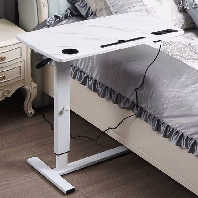 Levede Height Adjustable Mobile Over Bed Desk with Gas Spring Lift and Castors, White, W/D: 80 x 40 cm – 1