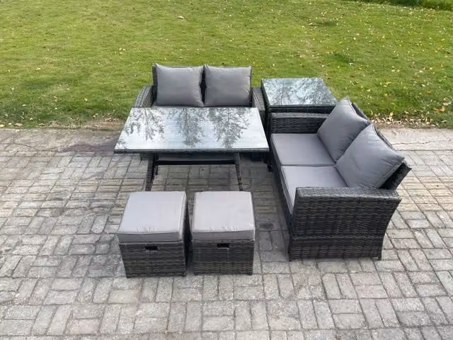 Fimous 6 Piece Grey Wicker Rattan Garden Furniture Set with Side Table and 2 Footstools
