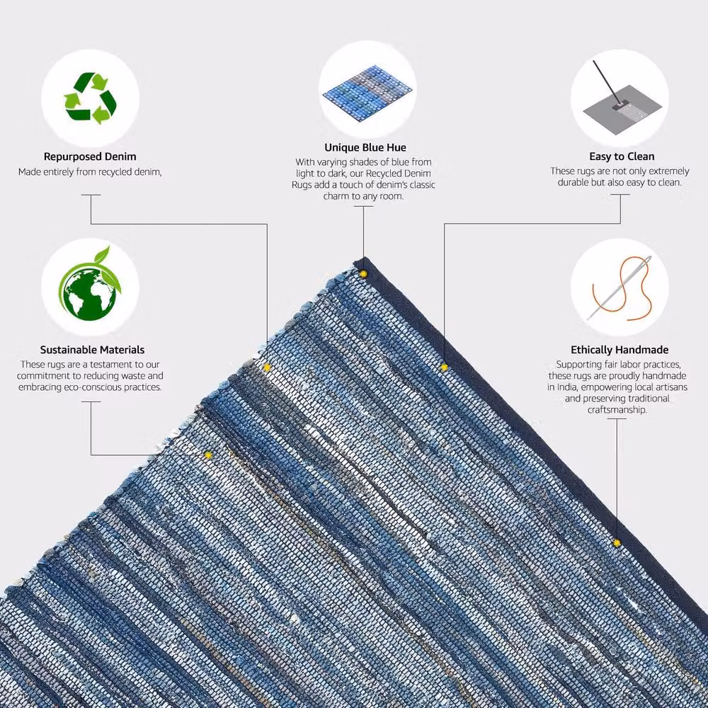 Bravich LTD Handwoven Cotton Chindi Rag Area Rug, Reversible Flat Weave in Blue, W: 90 cm, L: 150 cm – 6