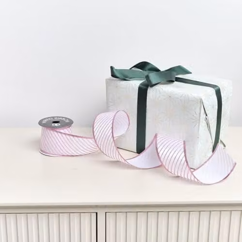 Melody Maison Pink and White Diagonal Striped Wired Ribbon Garland for Christmas