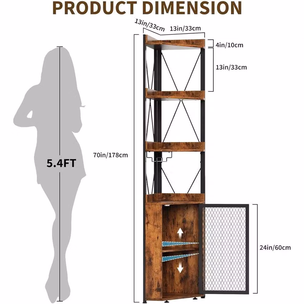 VOGREX Industrial Corner Bar Cabinet in Brown with Glass Doors, Wine Rack and Glass Holder, Height: 178 cm – 2