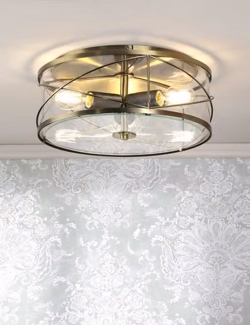 Laura Ashley Beckworth 3 Light Flush Ceiling Light in Antique Brass and Glass