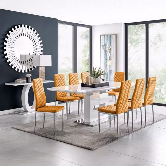 FurnitureboxUK Arezzo Large Extending Rectangular Dining Table with 8 Milan Chairs in Yellow