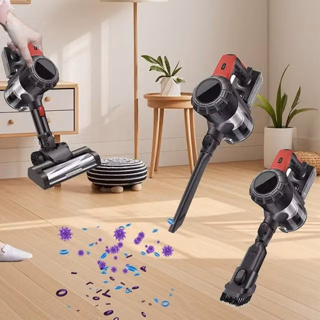 Ventryn Cordless Bagless Stick and Handheld Vacuum Cleaner in Red with LED Headlight and Washable Filter
