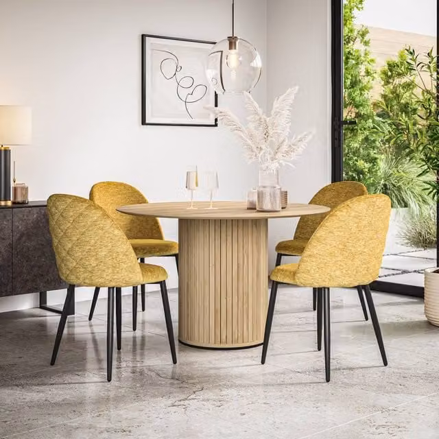 More4Homes Arlo Oak Round Dining Table and Raye Velvet Dining Chairs Set of 6, Yellow, W/D/H: 120 x 120 x 75 cm