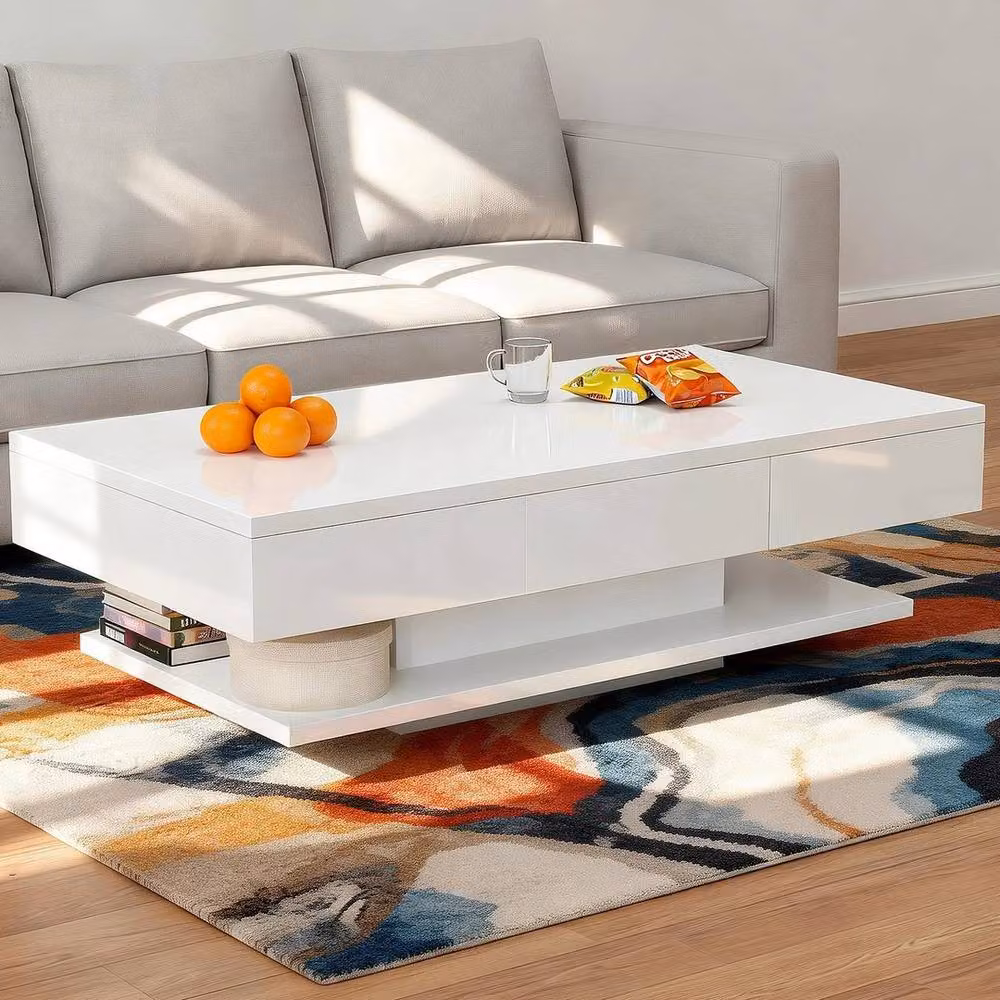 EONLION Modern Glossy White Rectangular Coffee Table with Drawer, Width: 100 cm – 4