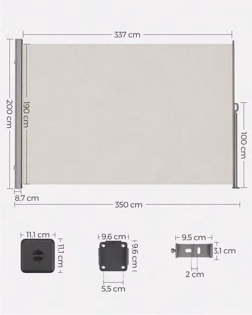 SONGMICS Extendable Privacy Screen with UPF 50 Sun Protection in Silver, W/D/H: 200 x 200 x 200 cm