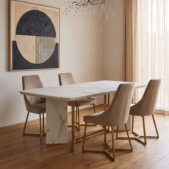 Fifty Five South Vieste Rectangular Mid-Century Dining Table in White and Gold Marble