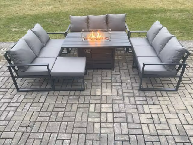 Fimous 10 Seater Aluminium Garden Furniture Set with Gas Fire Pit Dining Table and Footstool in Dark Grey