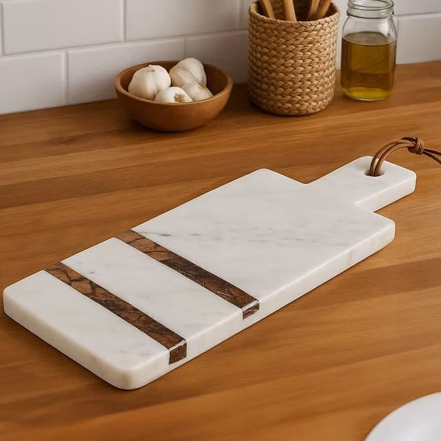 Orsina Annika Rectangular Marble Serving Paddle Board in White, Brown and Grey – 1
