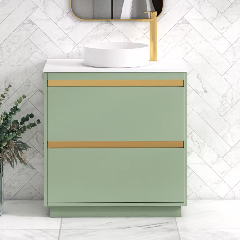 Royal Bathrooms Orion 800mm Mint Sage Floor Standing Vanity Unit with 2 Drawers, White Countertop and Art Basin with Brushed Brass Accent Trim