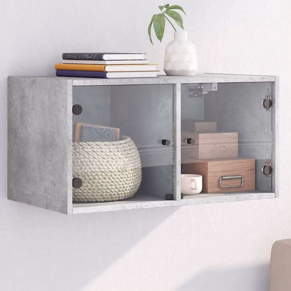 Berkfield Home Wall Mounted Cabinet with Glass Doors in Concrete Grey, W: 68.5 cm, D: 37 cm, H: 35 cm – 2