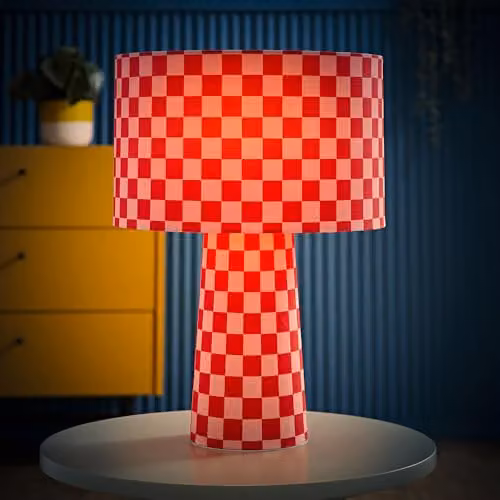 ValueLights Pritchard Pink and Red Checkerboard Drum Table Lamp with Fabric Shade and LED Bulb – 2
