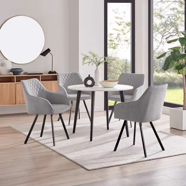 FurnitureboxUK Koko White Melamine Round Dining Table and 4 Falun Black Leg Chairs in Light Grey