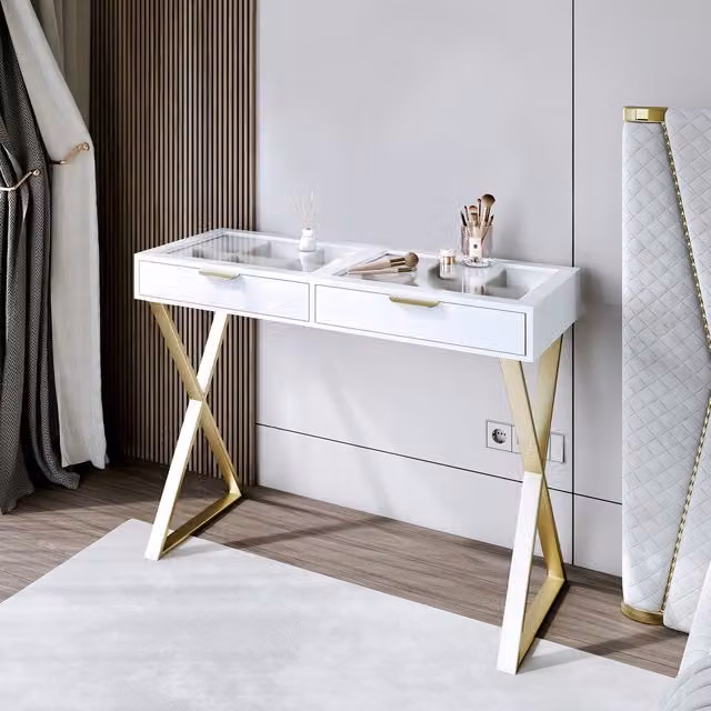 Carme Modern Glossy White and Gold Dressing Table with Glass Top