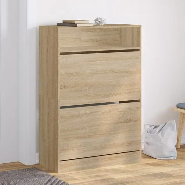 Berkfield Home Sonoma Oak Shoe Cabinet in Brown with 2 Tilting Compartments, W/D/H: 80 x 34 x 116 cm
